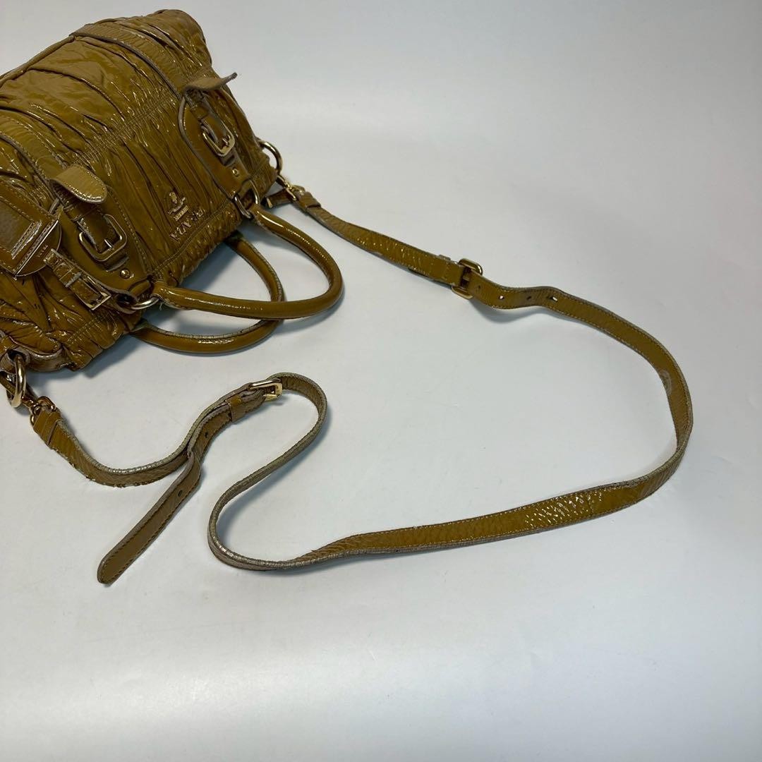 PRADA Hand Shoulder Bag Tote Purse 2way Patent Leather Brown Beige Authentic