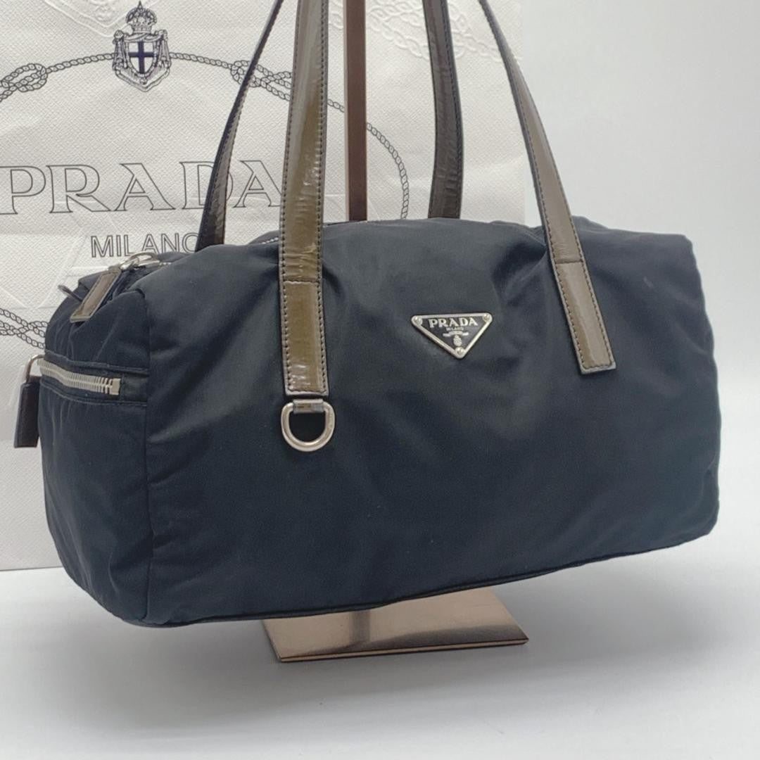 PRADA Hand Bag Tote Purse Logo Nylon Patent Leather Black Brown Khaki Authentic