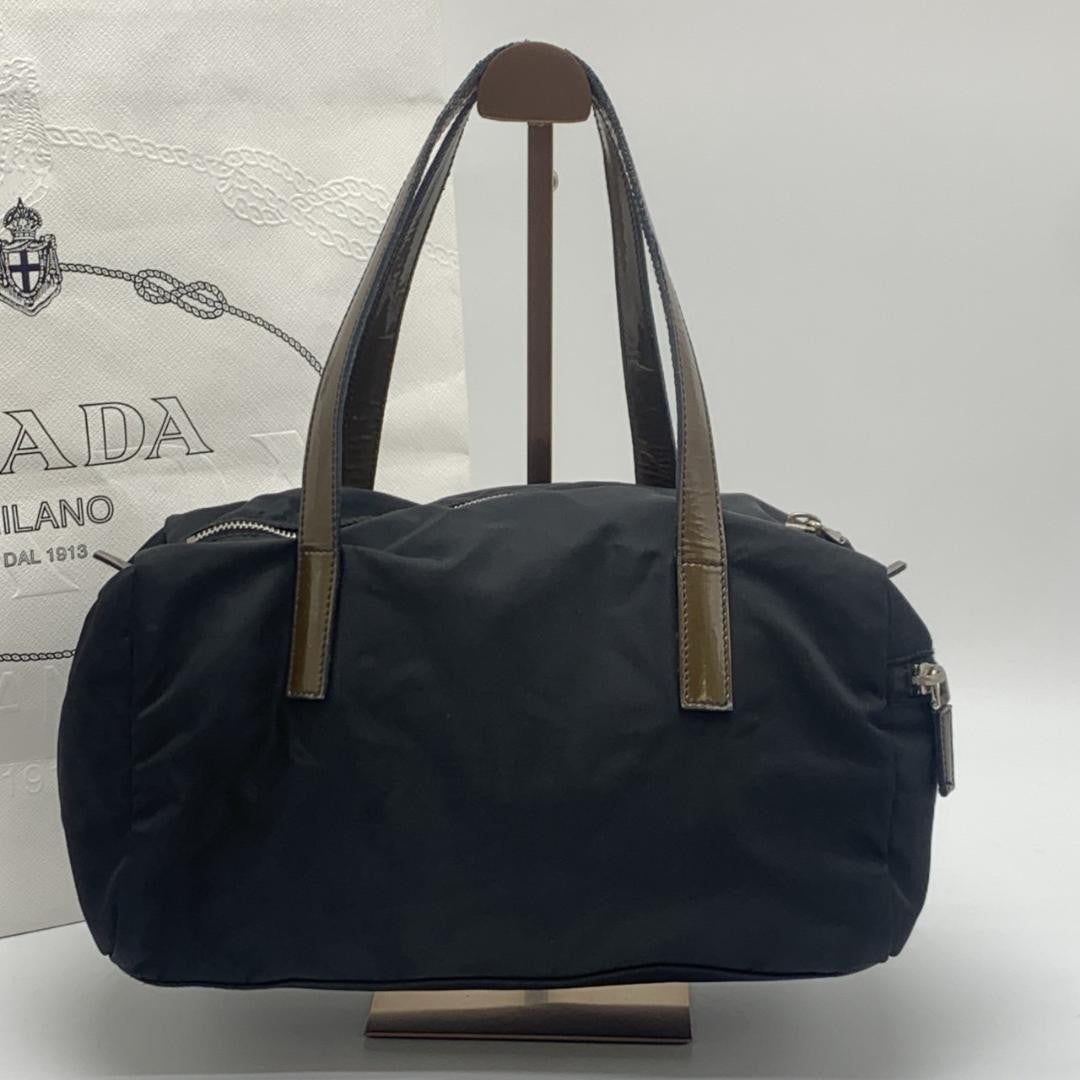 PRADA Hand Bag Tote Purse Logo Nylon Patent Leather Black Brown Khaki Authentic
