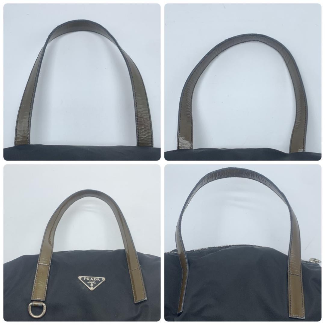 PRADA Hand Bag Tote Purse Logo Nylon Patent Leather Black Brown Khaki Authentic