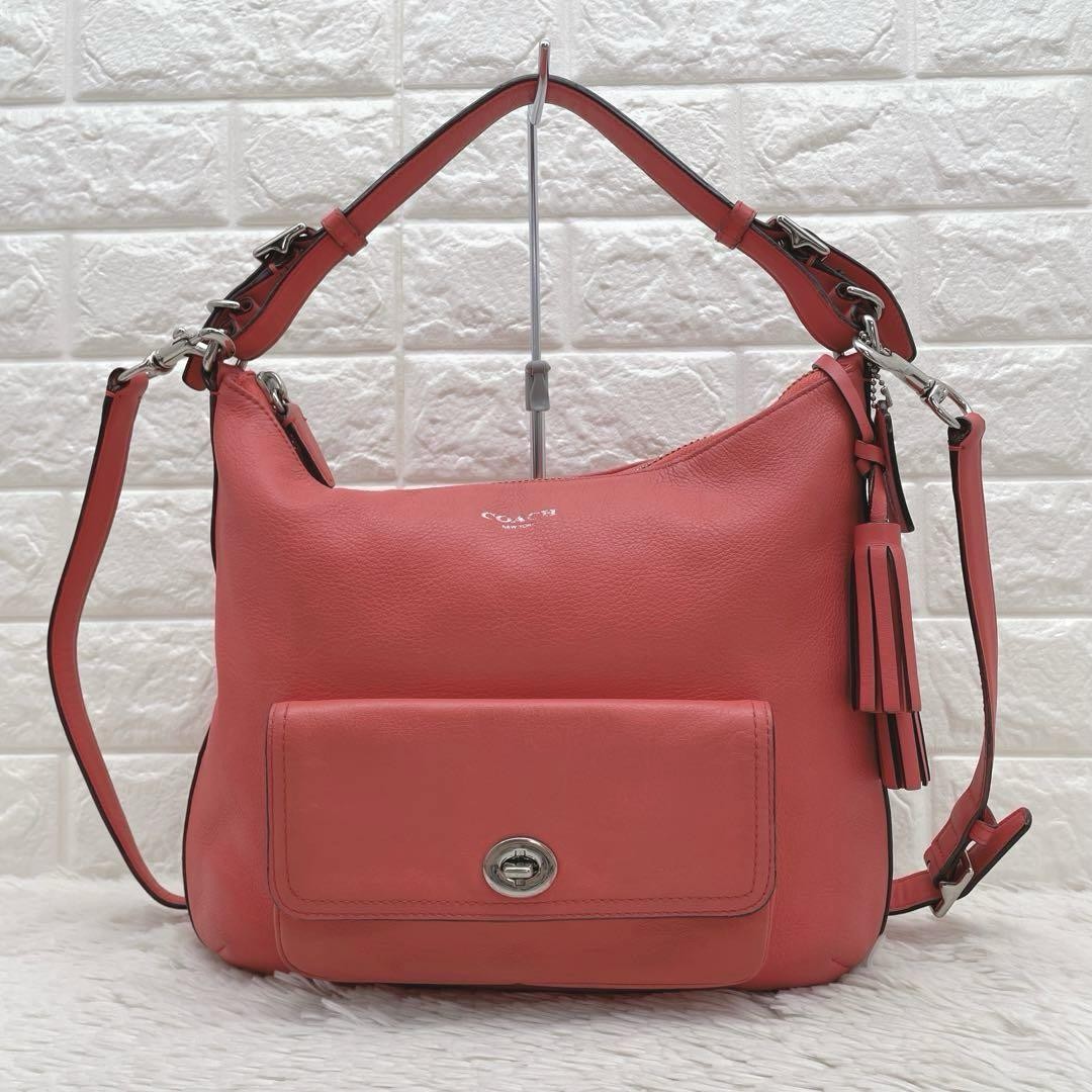 COACH Shoulder Bag Purse 2way Turn Lock Leather Orange Authentic