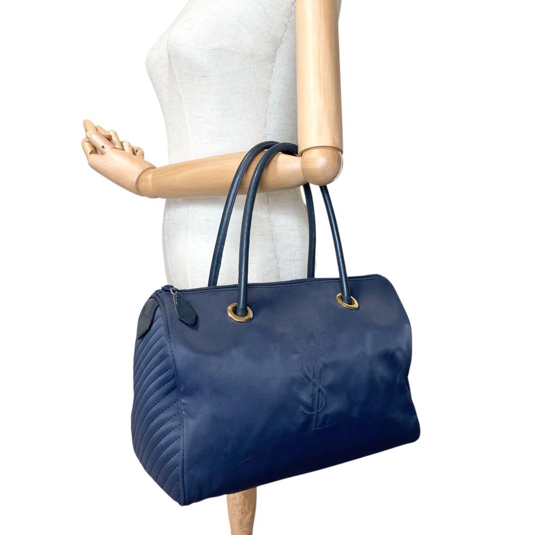 Saint Laurent Mini Boston Bag Hand Bag Tote Purse YSL Cassandra Nylon Navy Auth