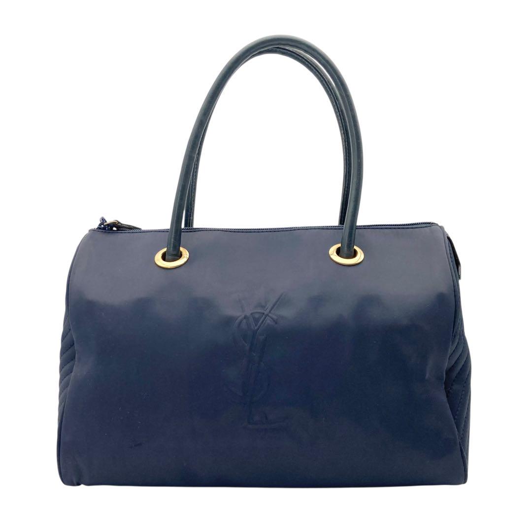 Saint Laurent Mini Boston Bag Hand Bag Tote Purse YSL Cassandra Nylon Navy Auth