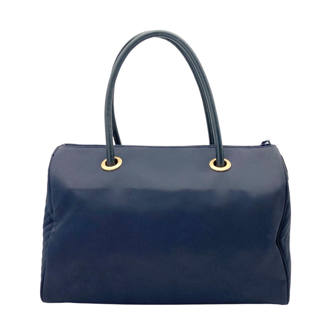 Saint Laurent Mini Boston Bag Hand Bag Tote Purse YSL Cassandra Nylon Navy Auth