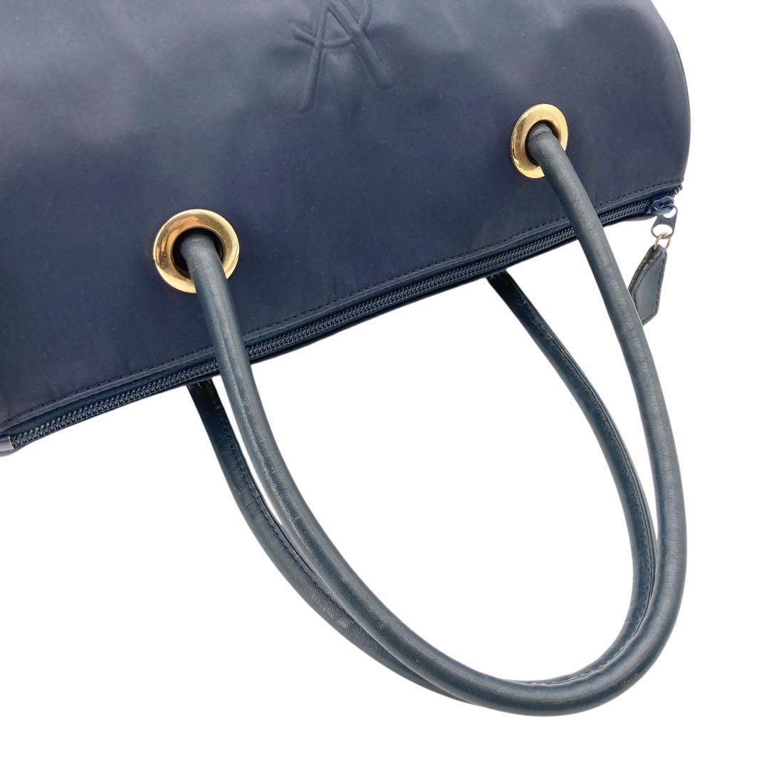 Saint Laurent Mini Boston Bag Hand Bag Tote Purse YSL Cassandra Nylon Navy Auth
