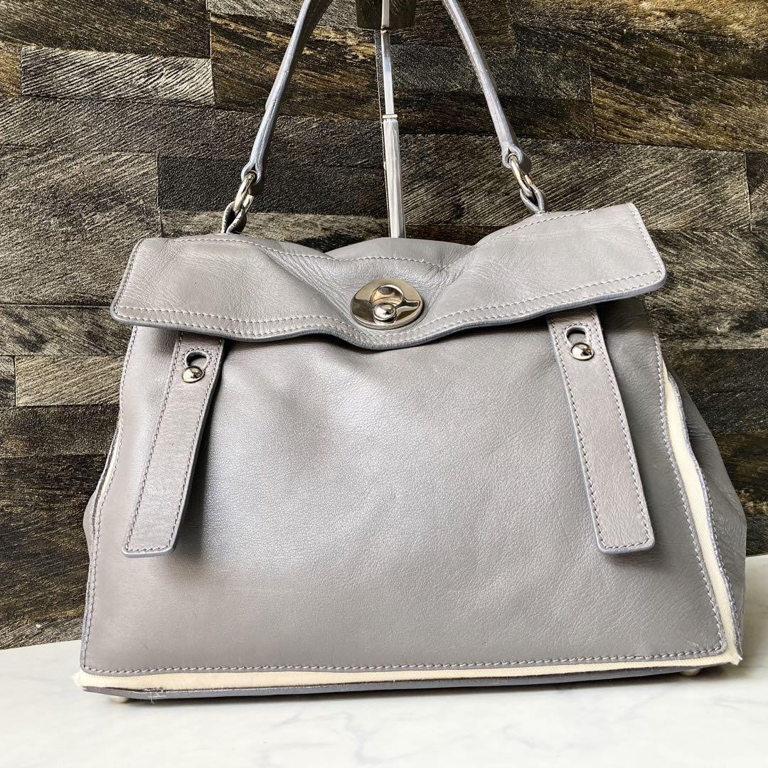 Saint Laurent Hand Bag Tote Purse Muse Toe Canvas Leather Gray Authentic