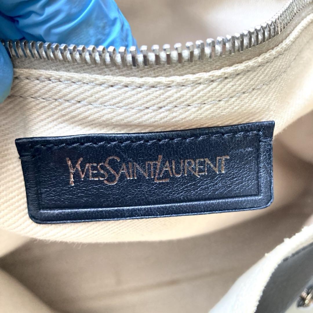 Saint Laurent Hand Bag Tote Purse Muse Toe Canvas Leather Gray Authentic