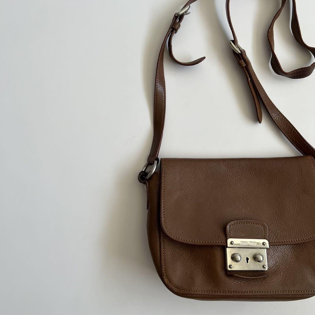 MIU MIU Shoulder Bag Purse Logo Leather Brown Authentic