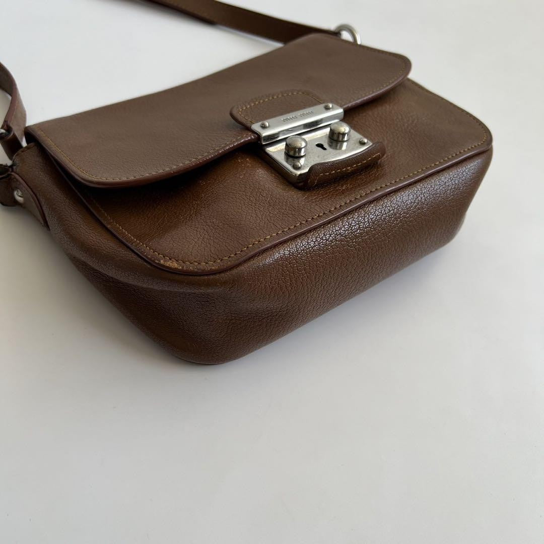 MIU MIU Shoulder Bag Purse Logo Leather Brown Authentic