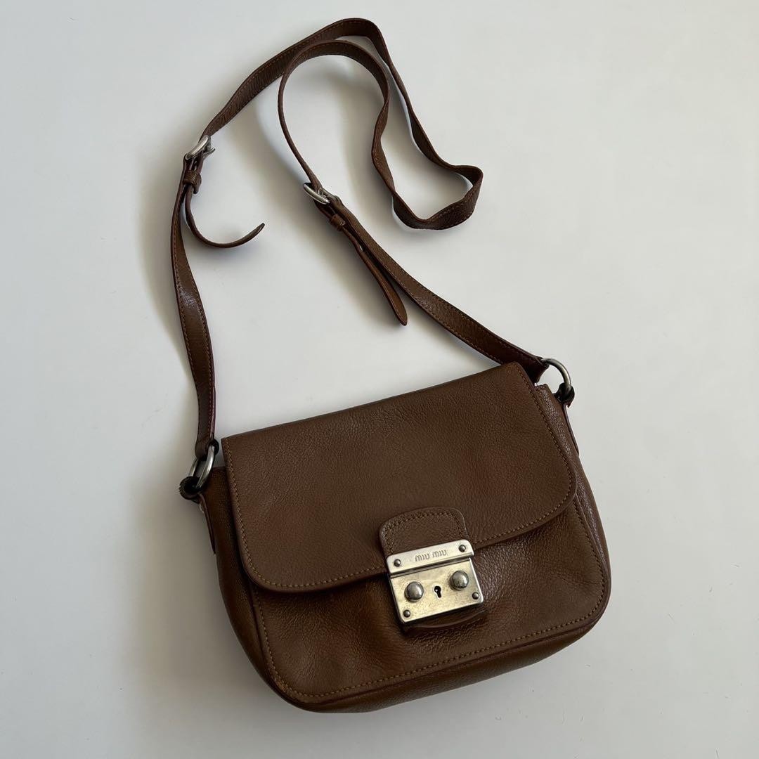 MIU MIU Shoulder Bag Purse Logo Leather Brown Authentic