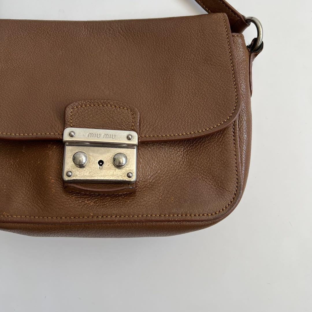 MIU MIU Shoulder Bag Purse Logo Leather Brown Authentic