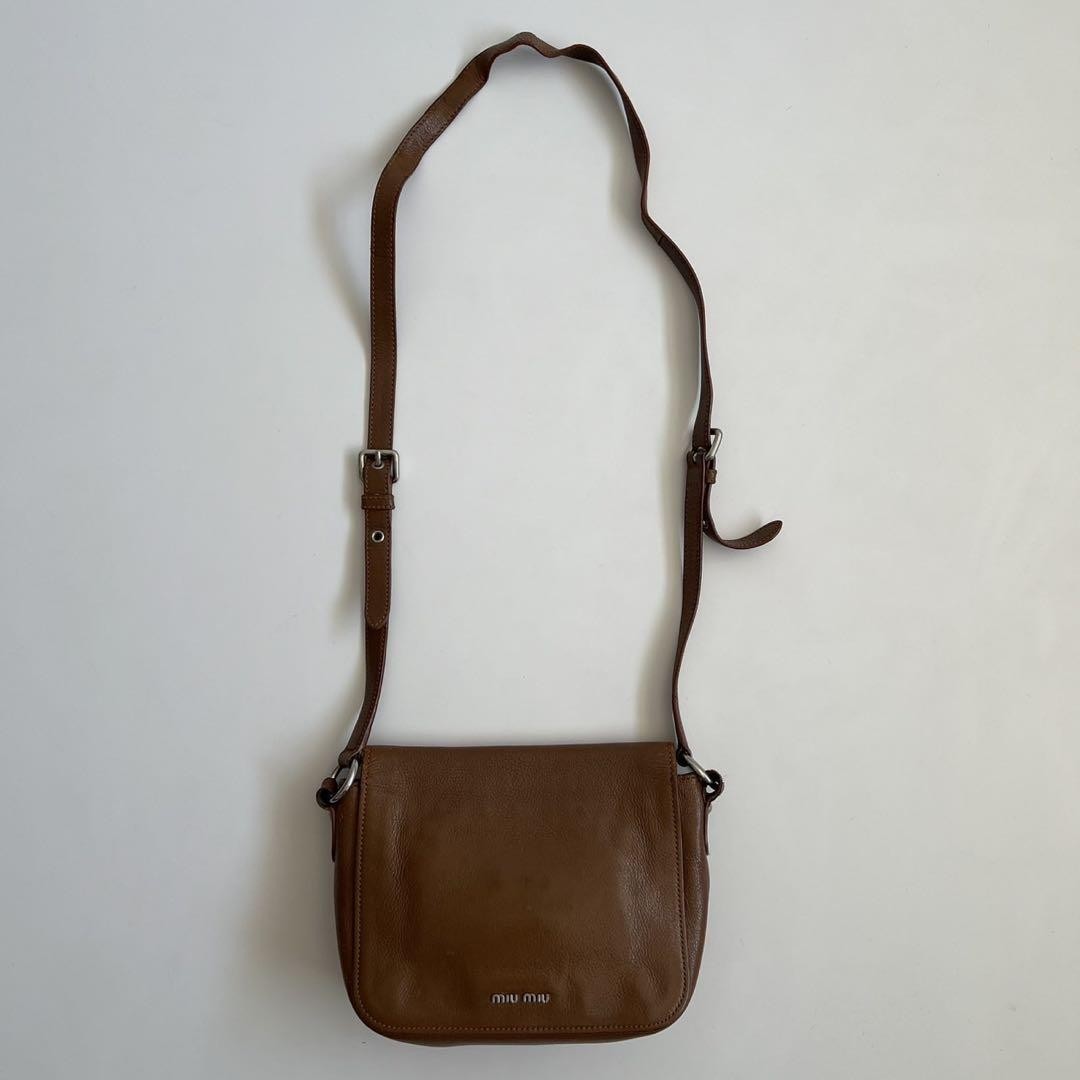 MIU MIU Shoulder Bag Purse Logo Leather Brown Authentic
