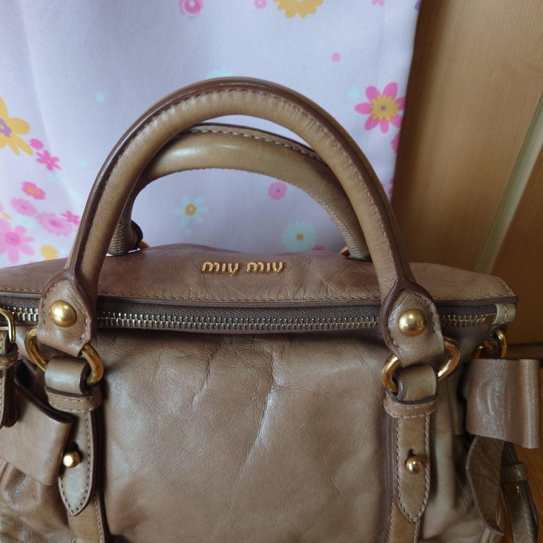 MIU MIU Hand Shoulder Bag Tote Purse Logo Beige Authentic