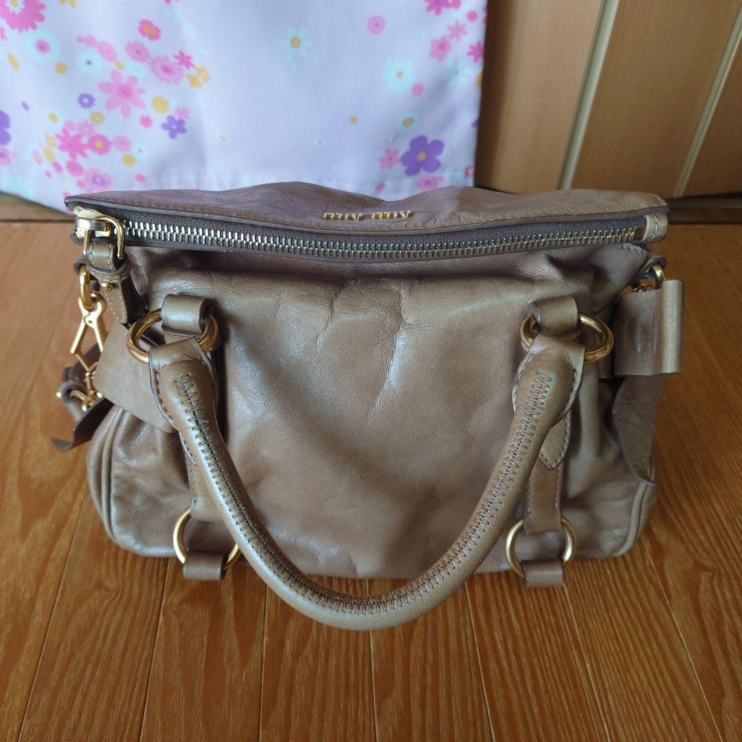 MIU MIU Hand Shoulder Bag Tote Purse Logo Beige Authentic