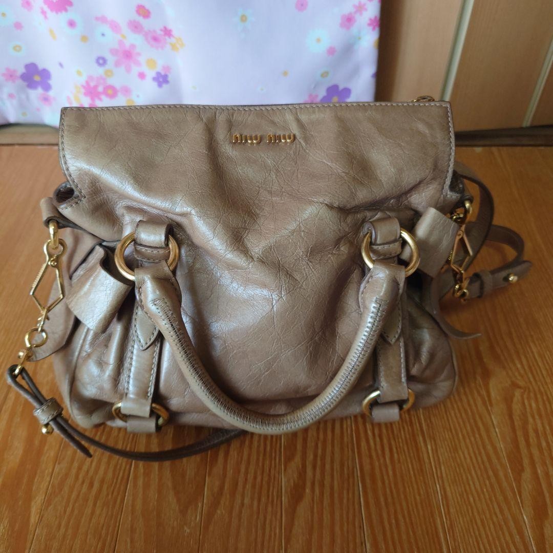 MIU MIU Hand Shoulder Bag Tote Purse Logo Beige Authentic
