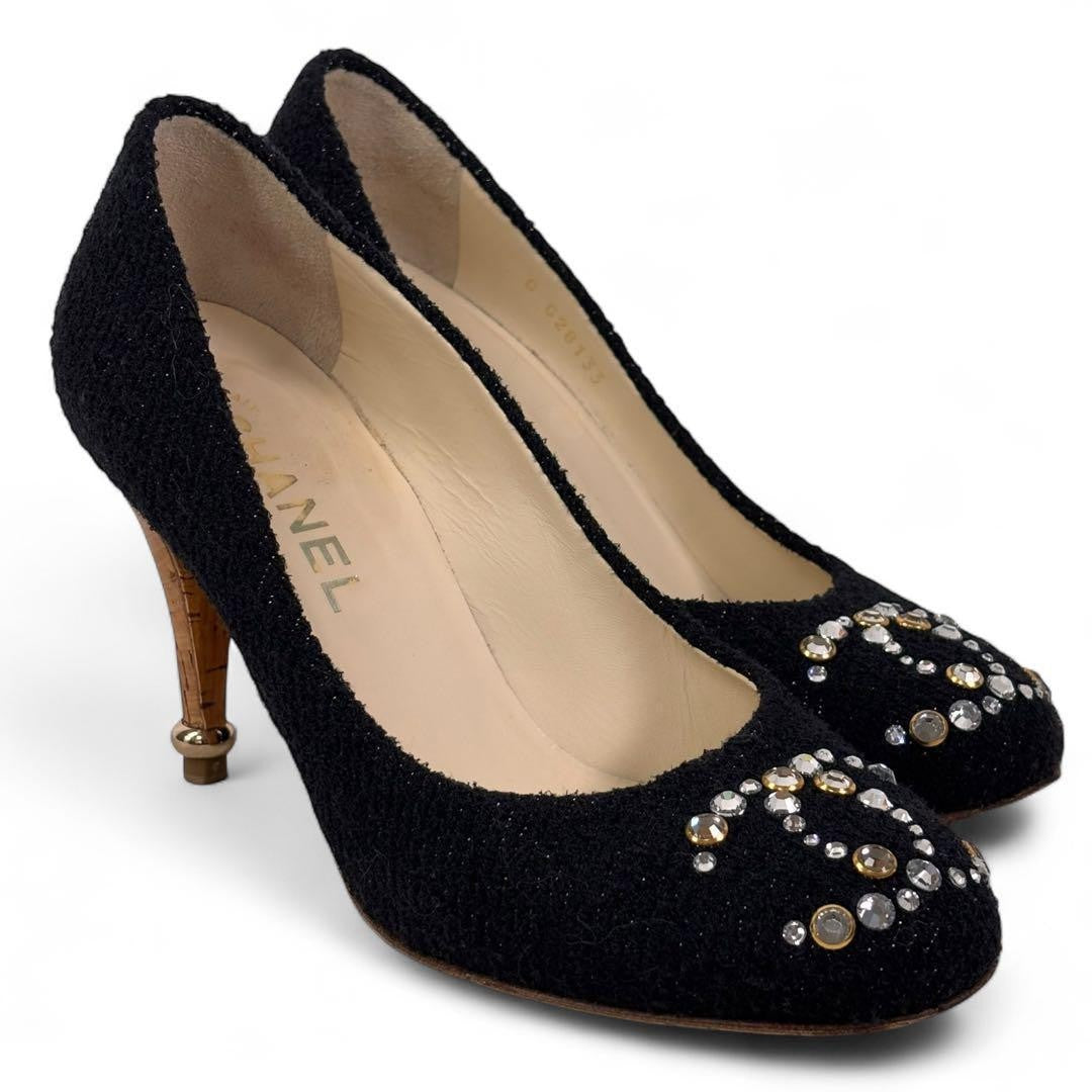CHANEL Shoes Pumps Heel Cocomark EU 37 US 7 Black Authentic