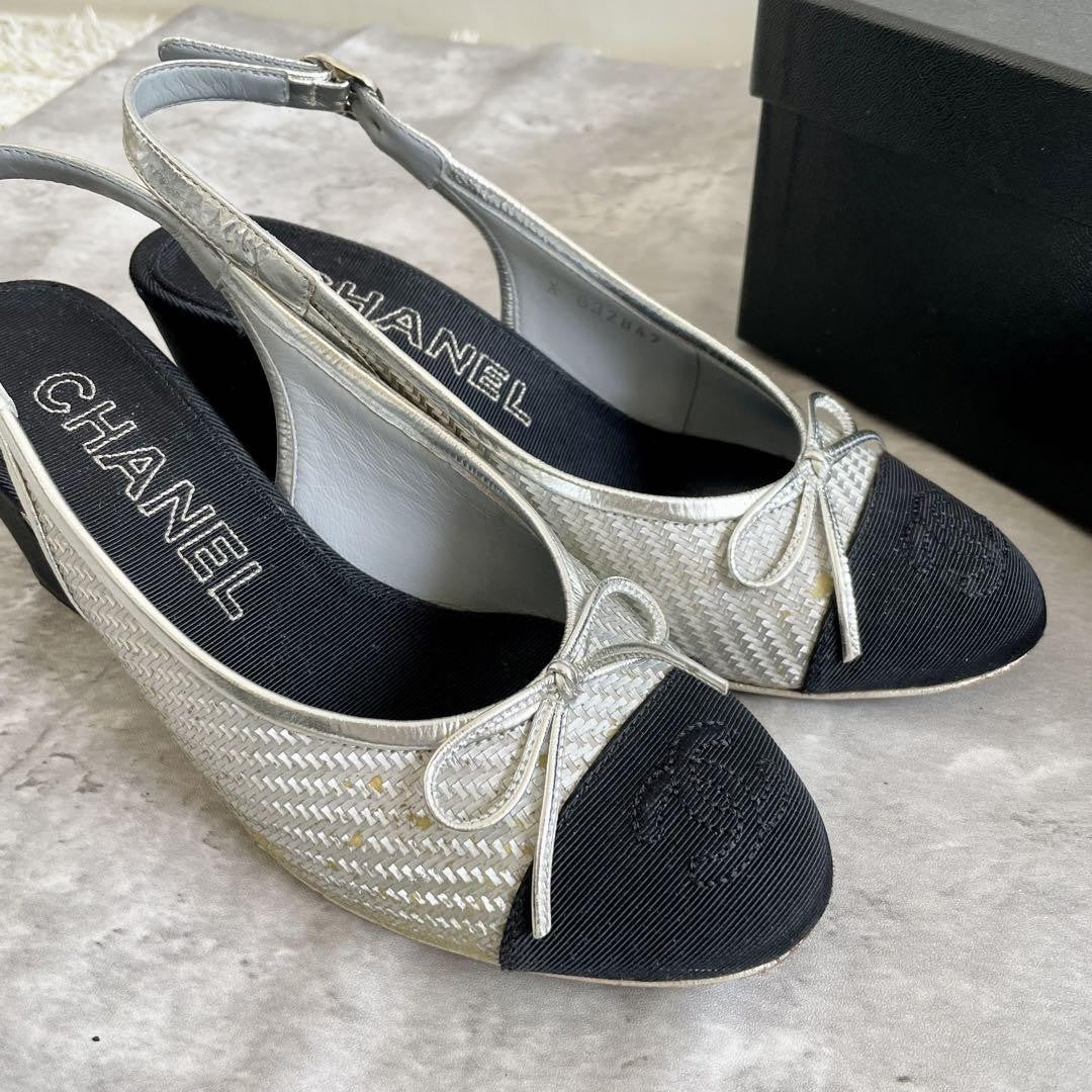 CHANEL Shoes Pumps Heel Ribbon EU 35.5 US 5.5 Silver Black Authentic