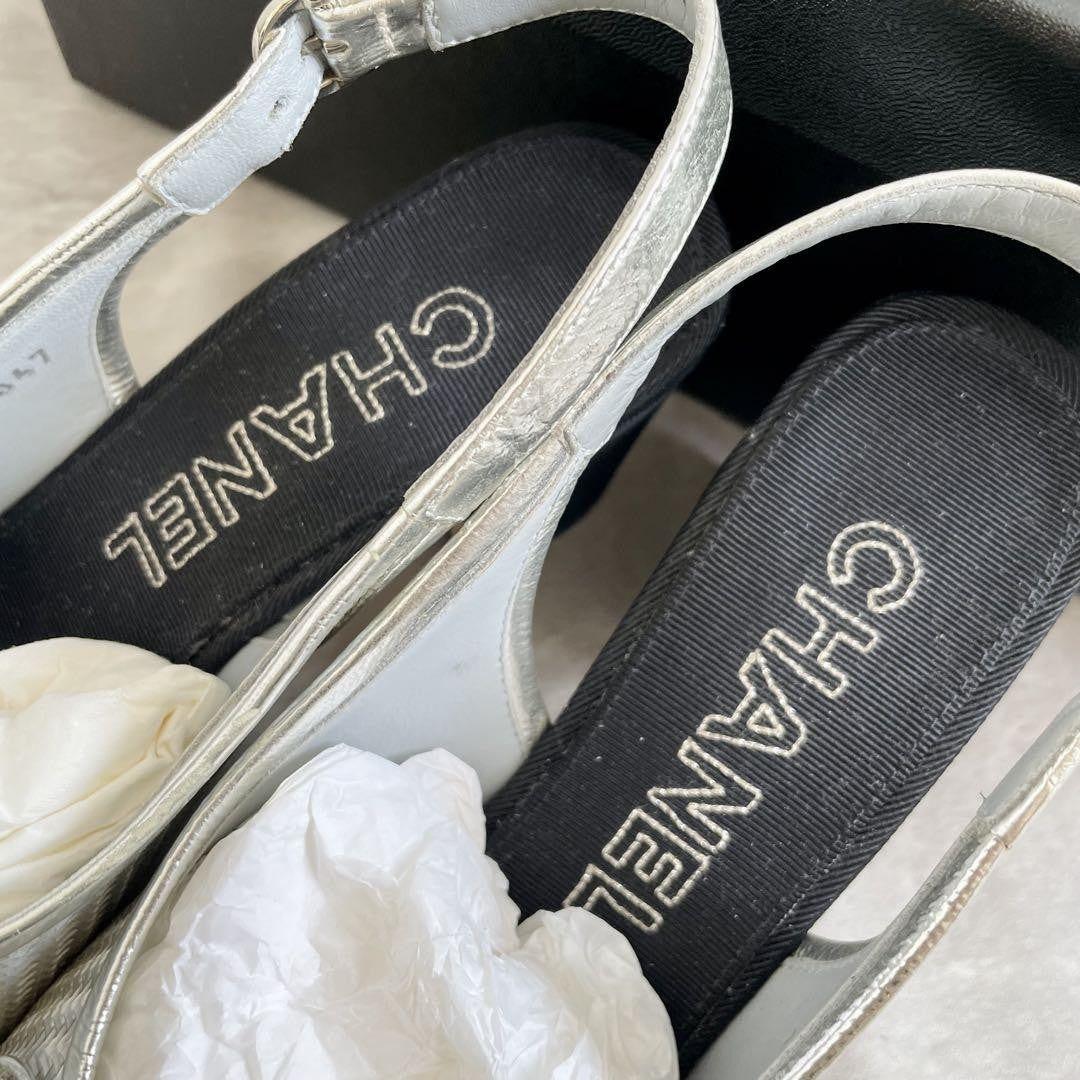 CHANEL Shoes Pumps Heel Ribbon EU 35.5 US 5.5 Silver Black Authentic