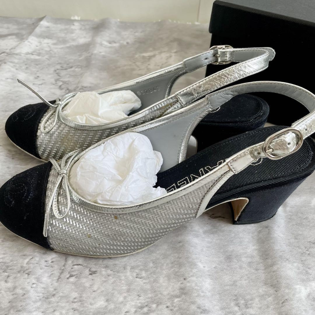 CHANEL Shoes Pumps Heel Ribbon EU 35.5 US 5.5 Silver Black Authentic