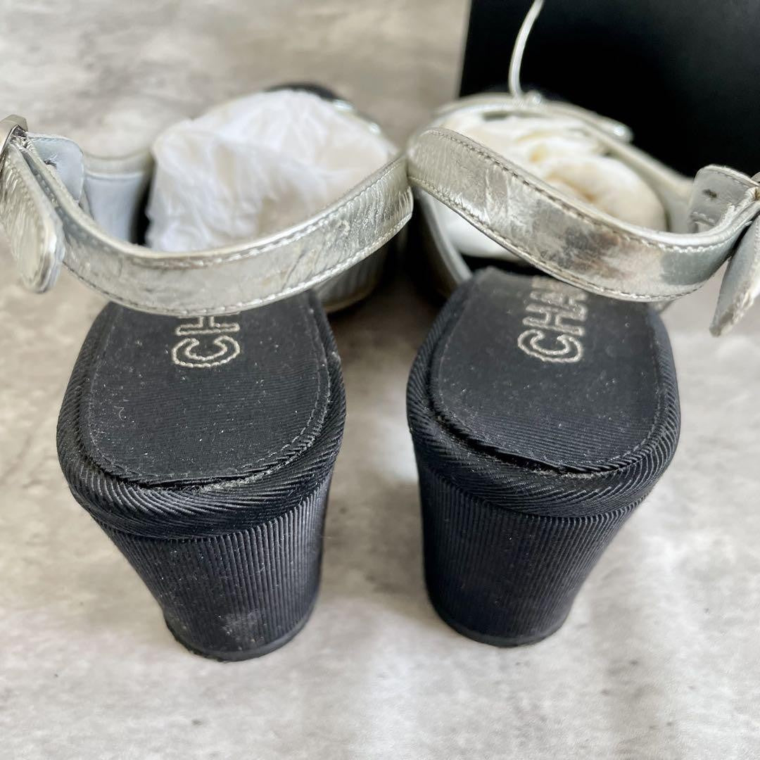 CHANEL Shoes Pumps Heel Ribbon EU 35.5 US 5.5 Silver Black Authentic