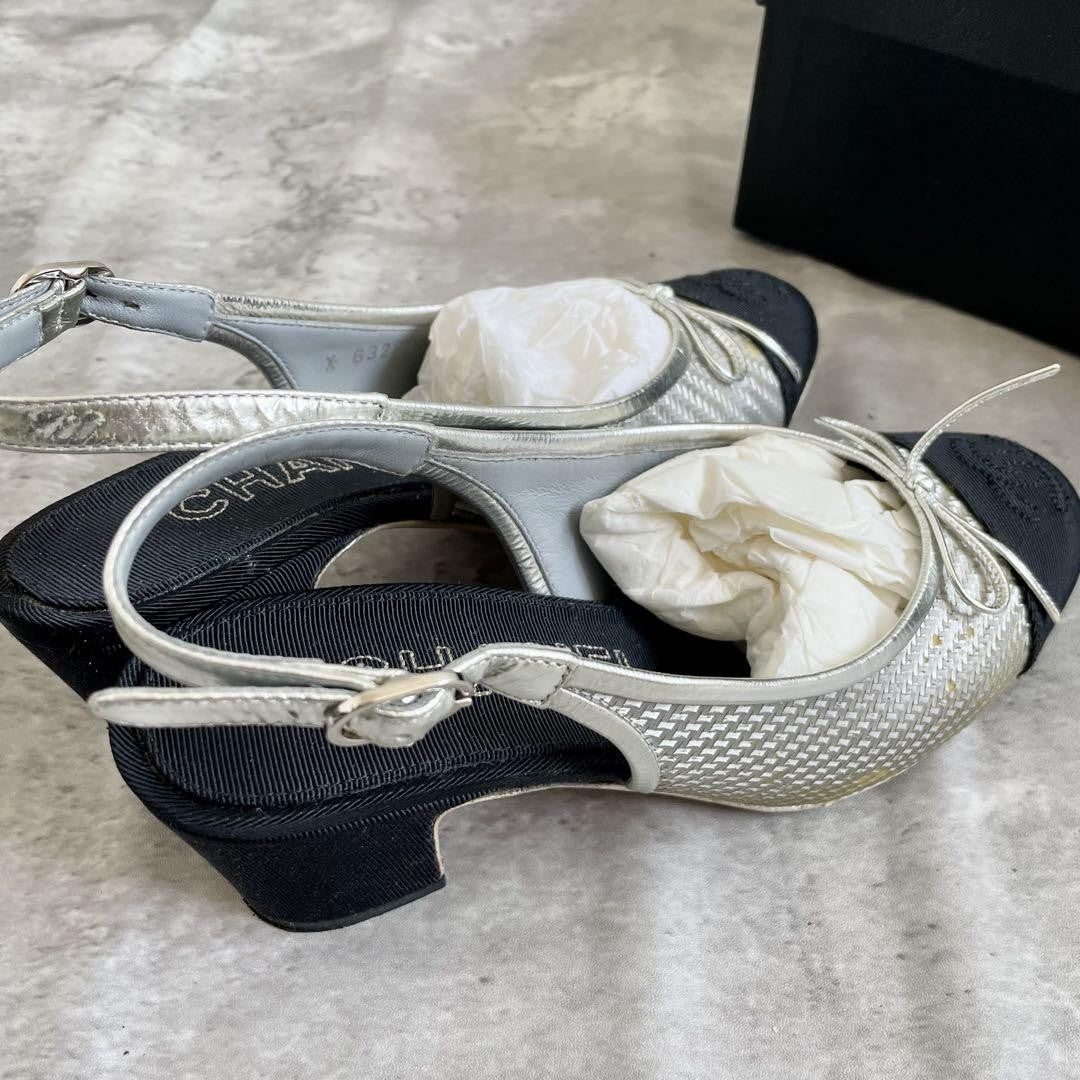 CHANEL Shoes Pumps Heel Ribbon EU 35.5 US 5.5 Silver Black Authentic
