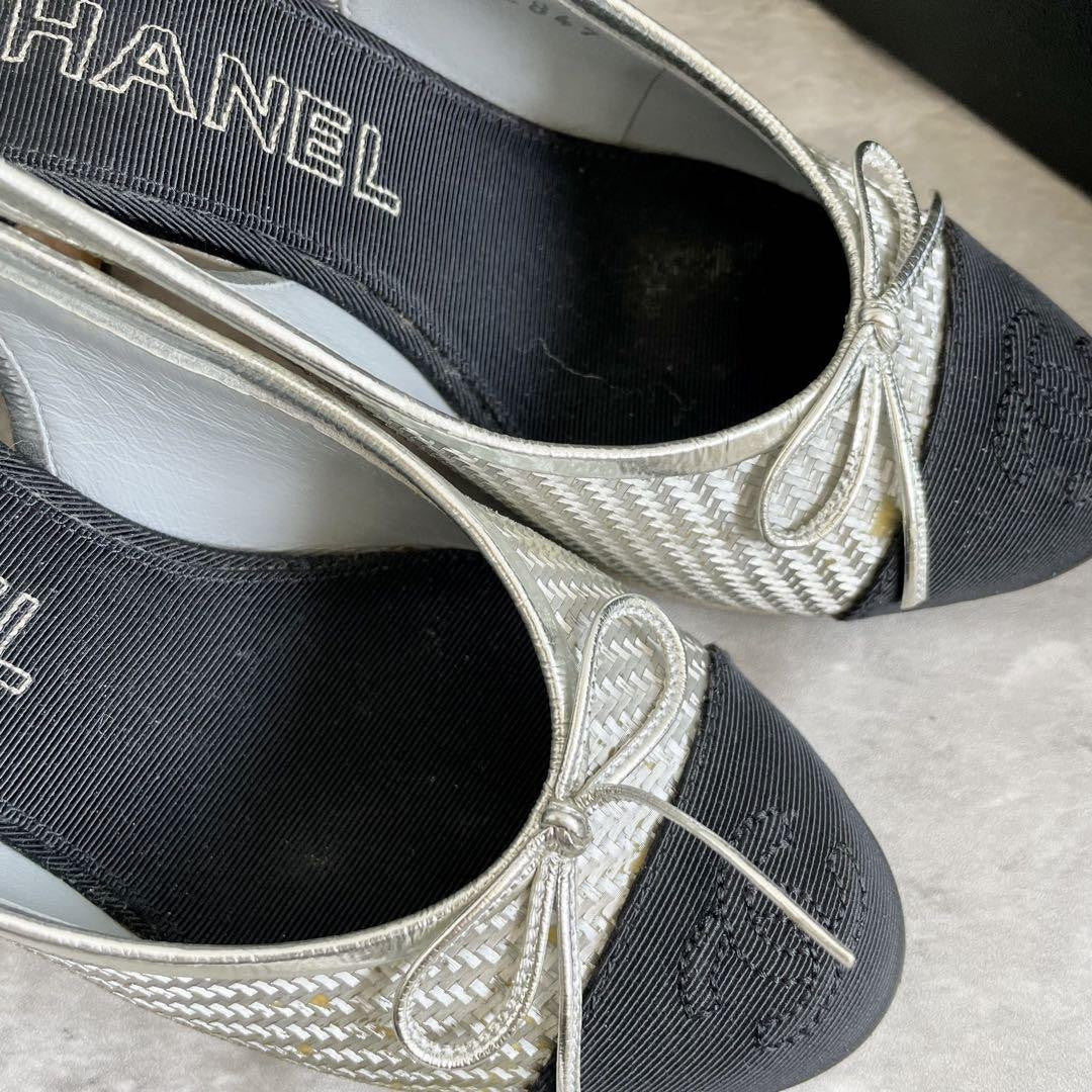 CHANEL Shoes Pumps Heel Ribbon EU 35.5 US 5.5 Silver Black Authentic