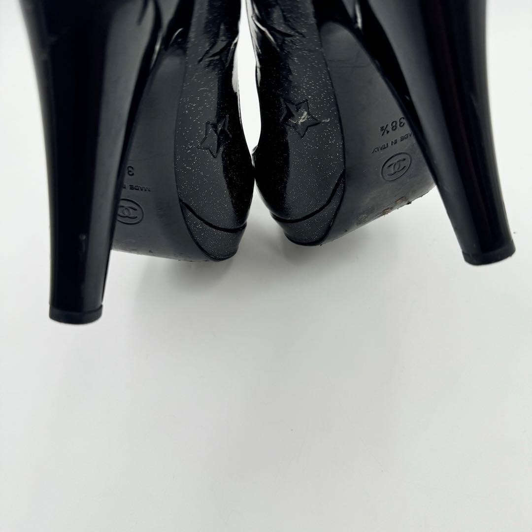 CHANEL Shoes Pumps Heel Cocomark EU 38.5 US 8.5 Patent Leather Black Authentic