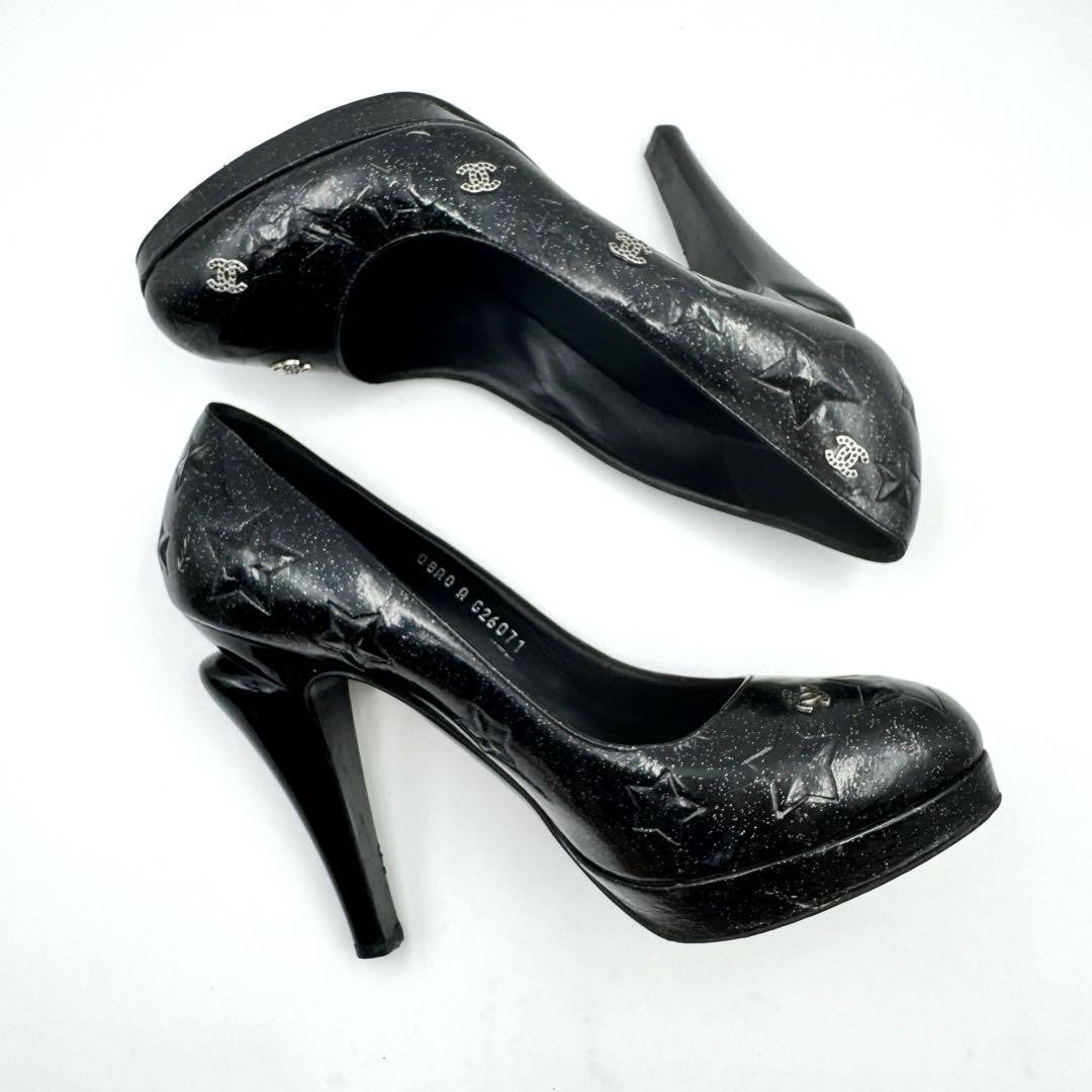 CHANEL Shoes Pumps Heel Cocomark EU 38.5 US 8.5 Patent Leather Black Authentic