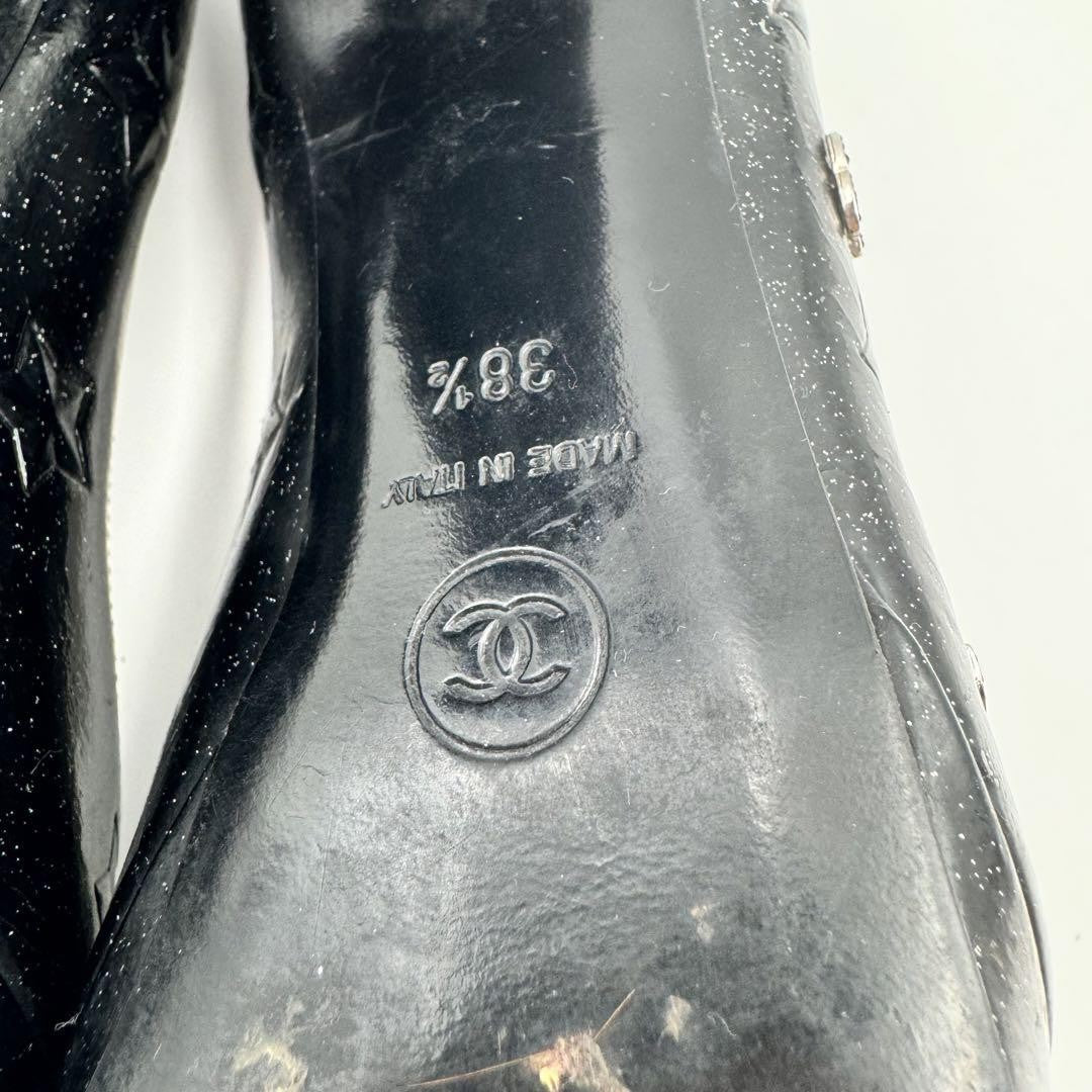 CHANEL Shoes Pumps Heel Cocomark EU 38.5 US 8.5 Patent Leather Black Authentic