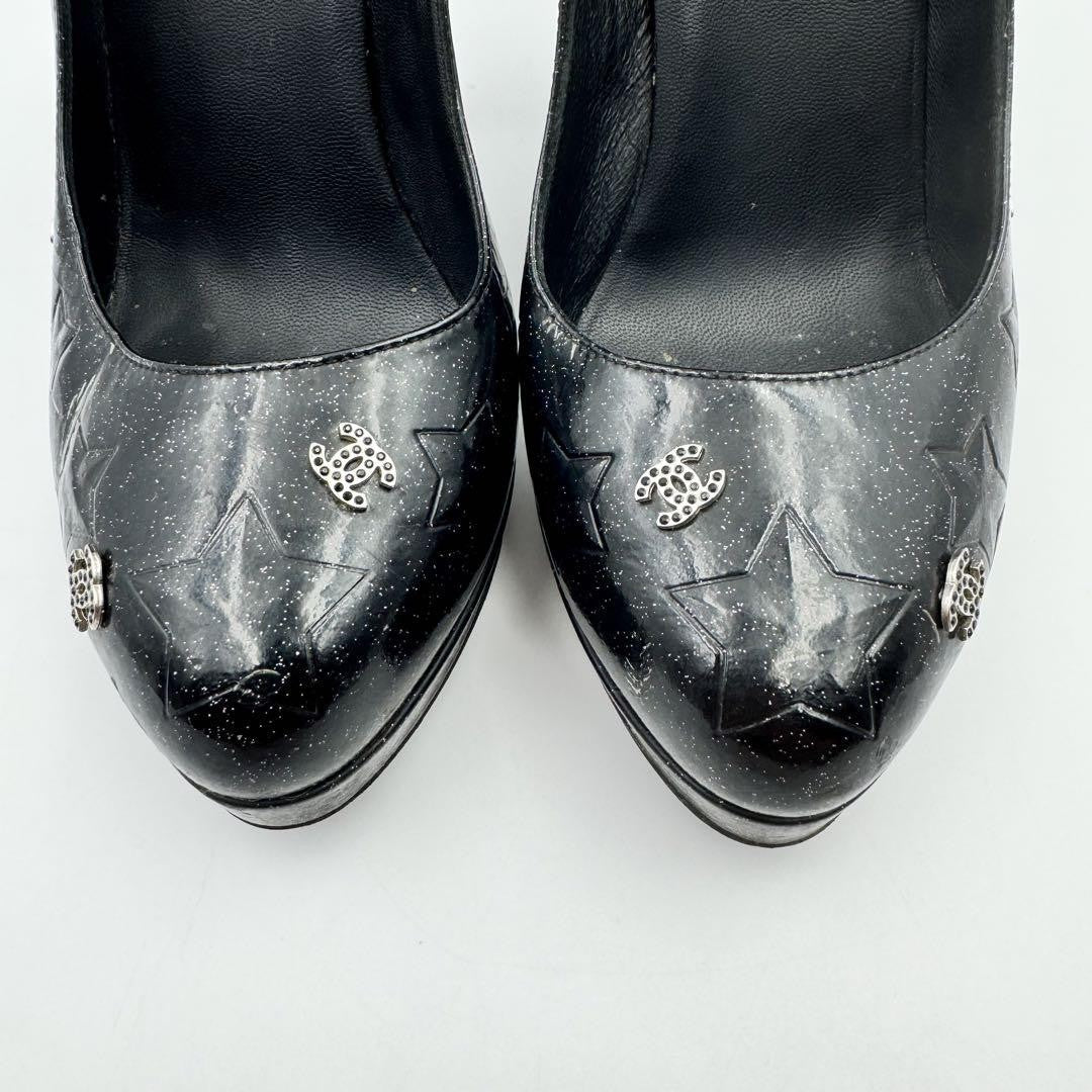 CHANEL Shoes Pumps Heel Cocomark EU 38.5 US 8.5 Patent Leather Black Authentic