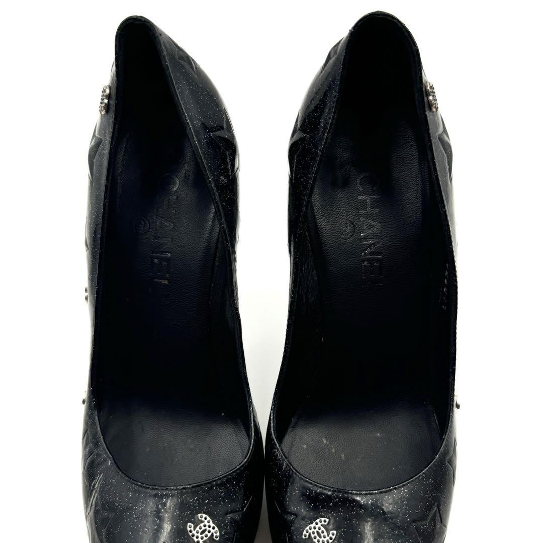 CHANEL Shoes Pumps Heel Cocomark EU 38.5 US 8.5 Patent Leather Black Authentic