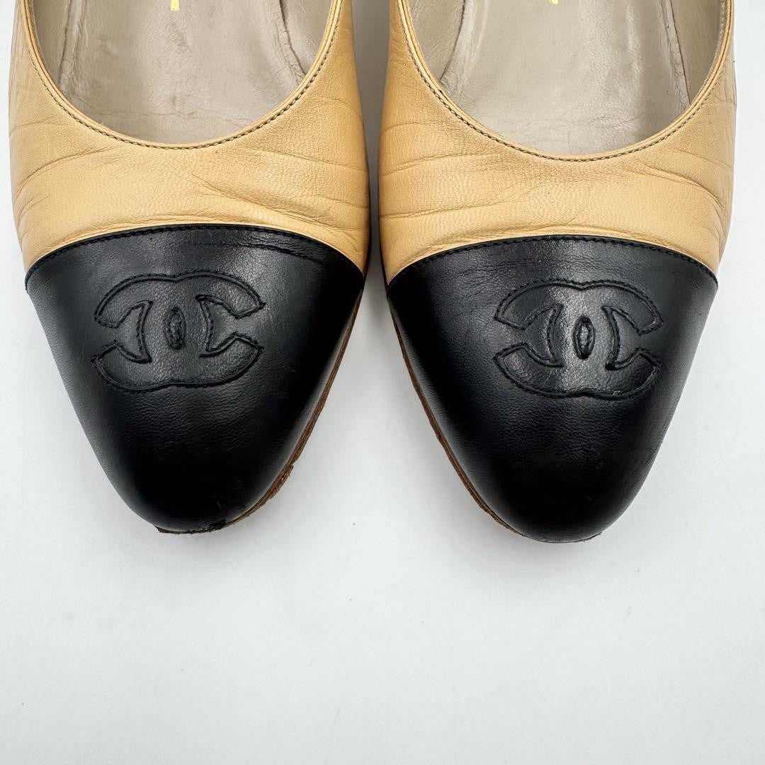 CHANEL Shoes Pumps Heel Cocomark EU 36.0 US 6.0 Leather Beige Black Authentic