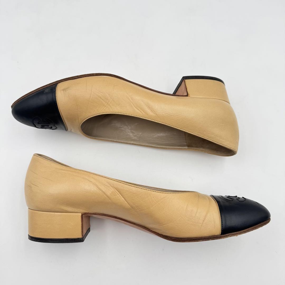 CHANEL Shoes Pumps Heel Cocomark EU 36.0 US 6.0 Leather Beige Black Authentic