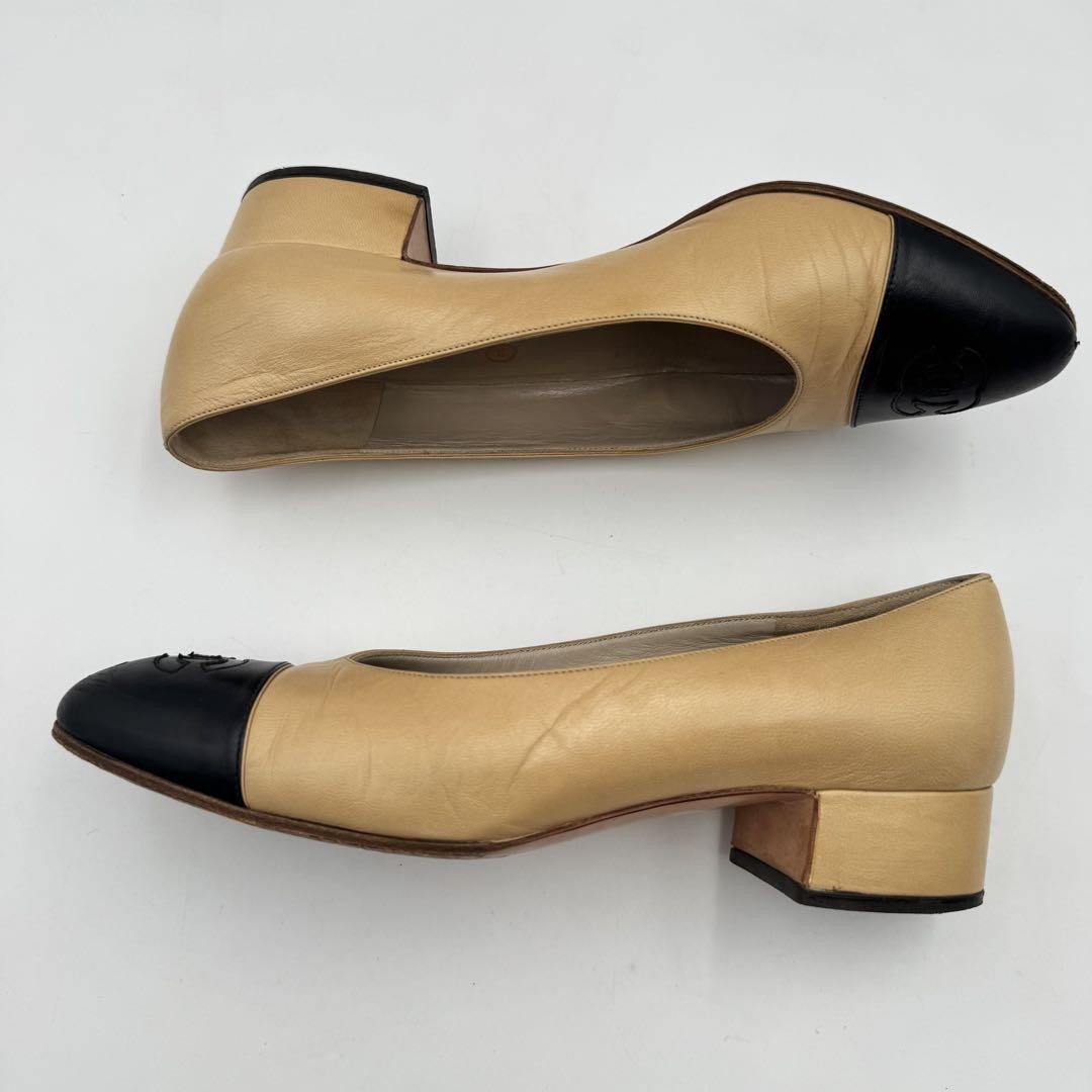 CHANEL Shoes Pumps Heel Cocomark EU 36.0 US 6.0 Leather Beige Black Authentic