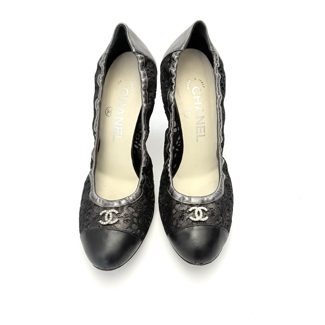 CHANEL Shoes Pumps Heel Cocomark EU 36.0 US 6.0 Leather Black Silver Authentic