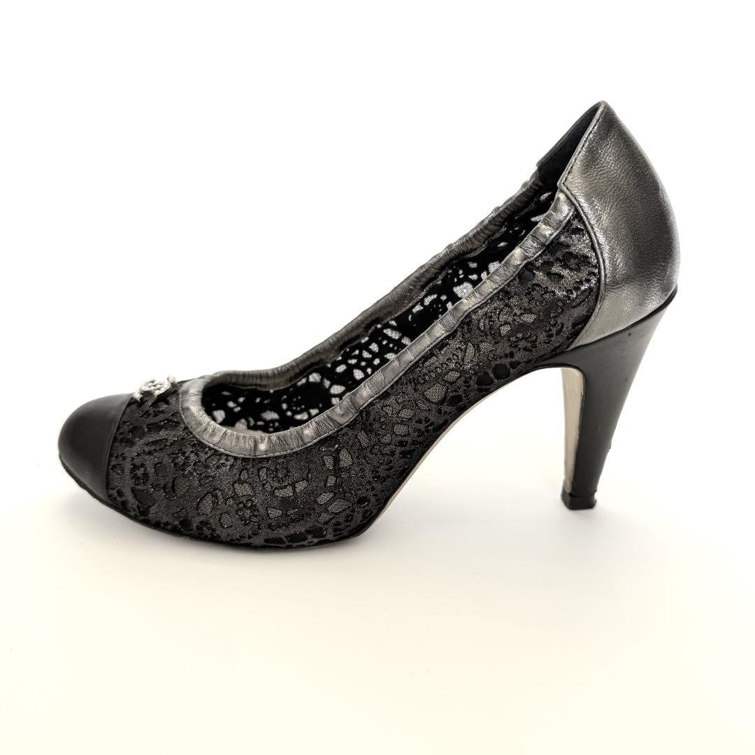 CHANEL Shoes Pumps Heel Cocomark EU 36.0 US 6.0 Leather Black Silver Authentic