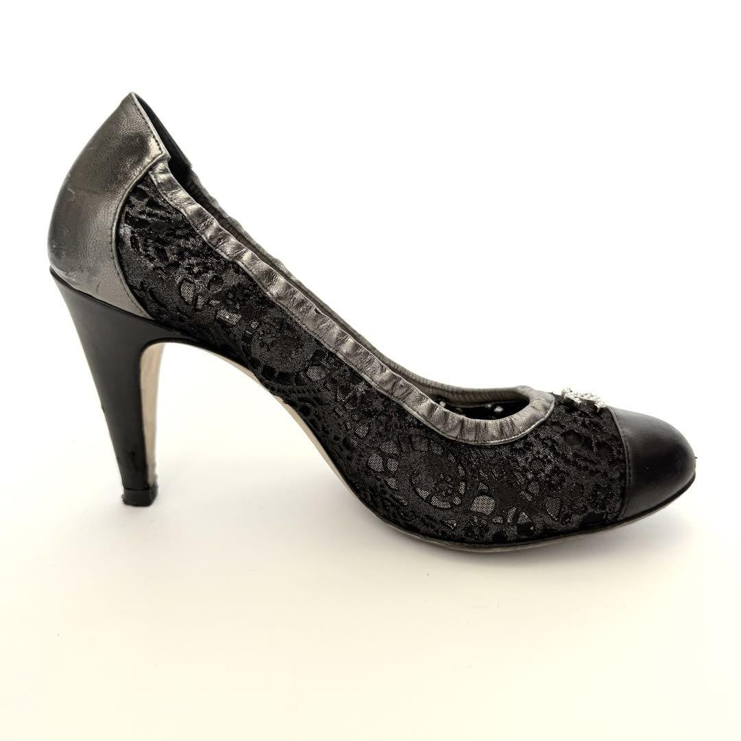 CHANEL Shoes Pumps Heel Cocomark EU 36.0 US 6.0 Leather Black Silver Authentic