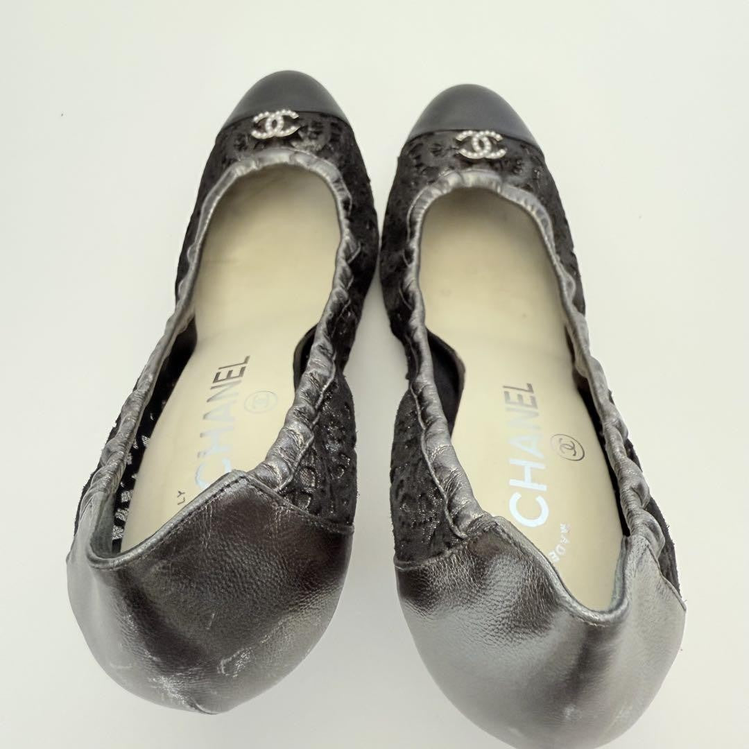 CHANEL Shoes Pumps Heel Cocomark EU 36.0 US 6.0 Leather Black Silver Authentic