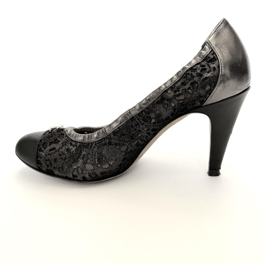 CHANEL Shoes Pumps Heel Cocomark EU 36.0 US 6.0 Leather Black Silver Authentic