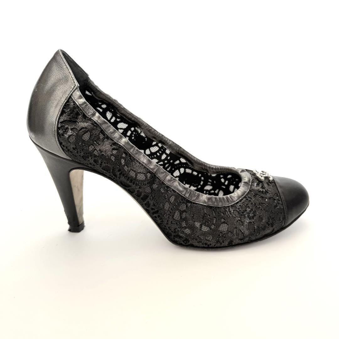 CHANEL Shoes Pumps Heel Cocomark EU 36.0 US 6.0 Leather Black Silver Authentic