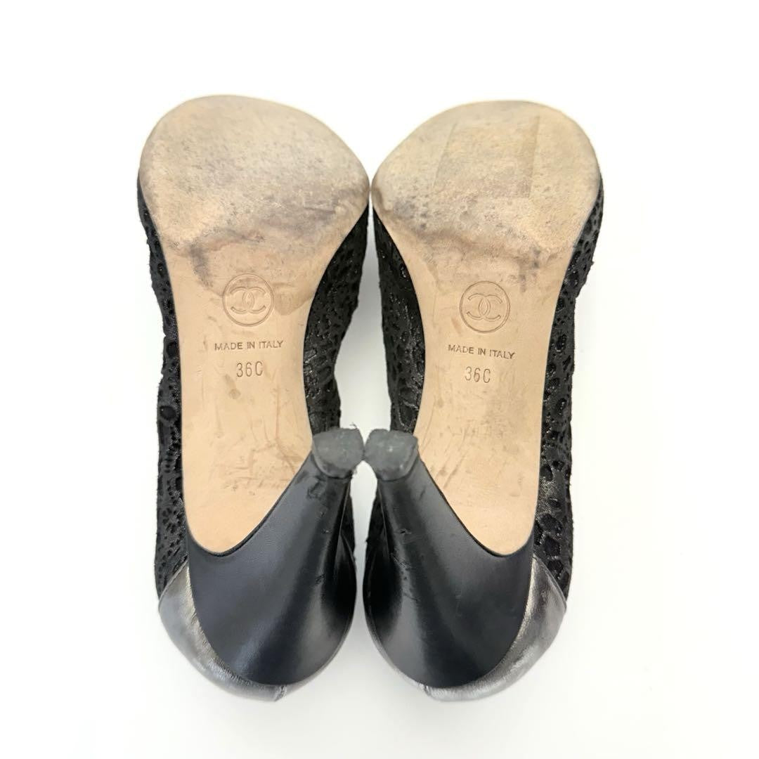 CHANEL Shoes Pumps Heel Cocomark EU 36.0 US 6.0 Leather Black Silver Authentic