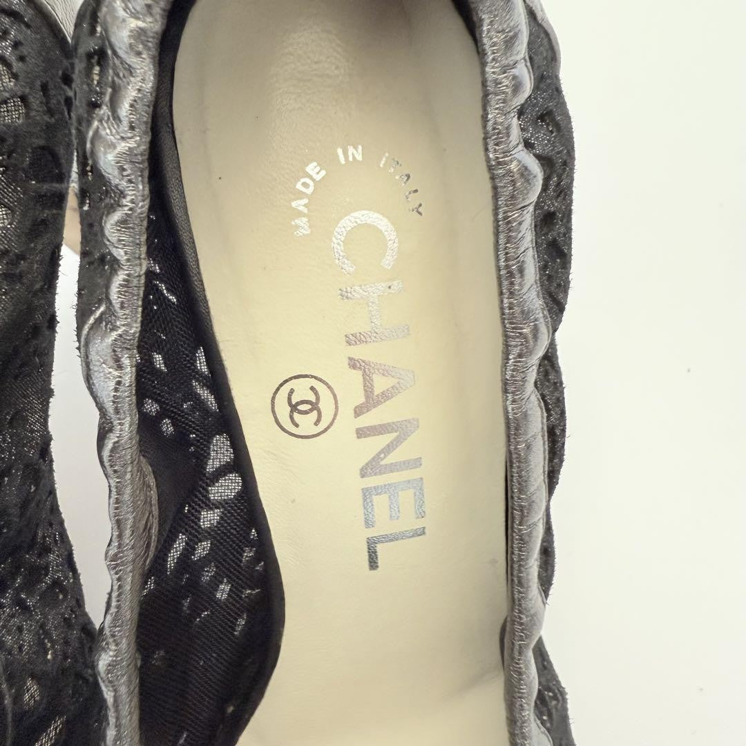 CHANEL Shoes Pumps Heel Cocomark EU 36.0 US 6.0 Leather Black Silver Authentic