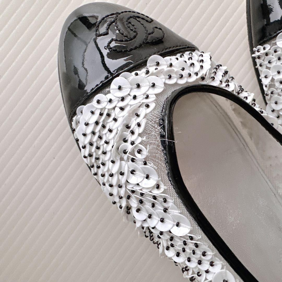 CHANEL Shoes Pumps Heel Cocomark EU 36.5 US 6.5 Patent Leather White Black Auth