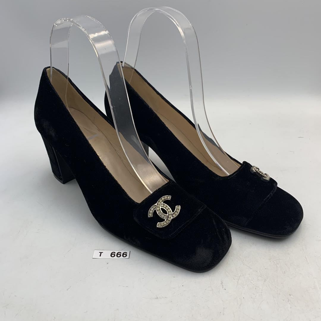 CHANEL Shoes Pumps Heel Cocomark EU 36.5 US 6.5 Velour Black Authentic