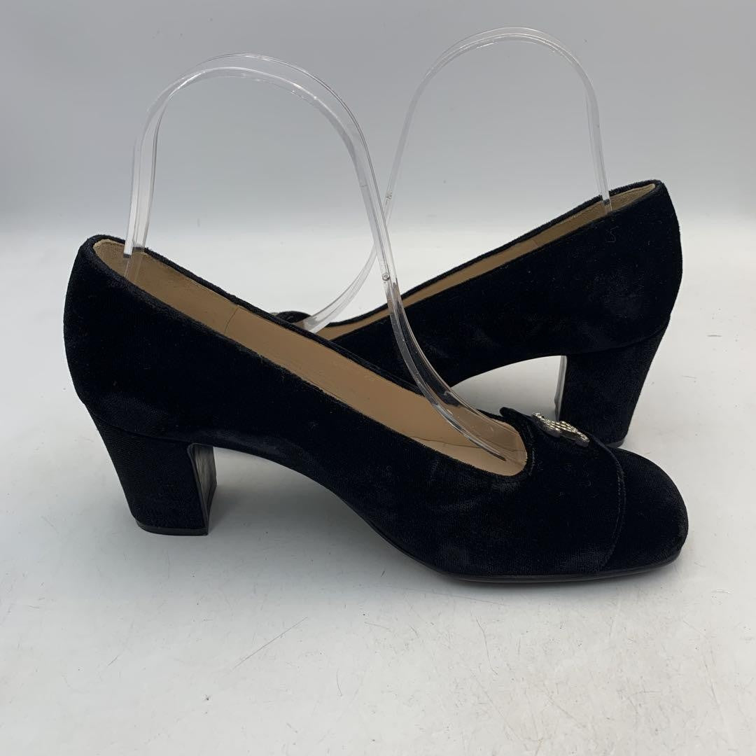 CHANEL Shoes Pumps Heel Cocomark EU 36.5 US 6.5 Velour Black Authentic