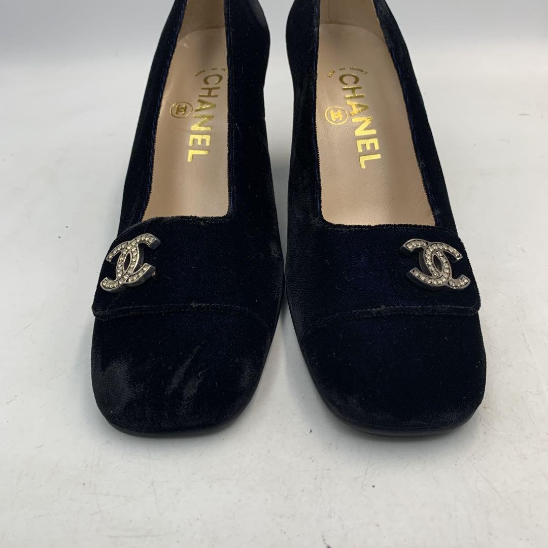 CHANEL Shoes Pumps Heel Cocomark EU 36.5 US 6.5 Velour Black Authentic