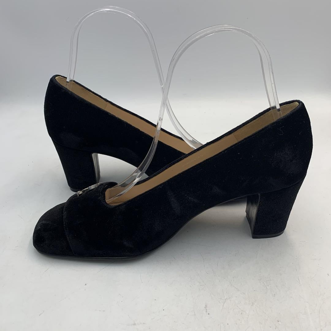 CHANEL Shoes Pumps Heel Cocomark EU 36.5 US 6.5 Velour Black Authentic
