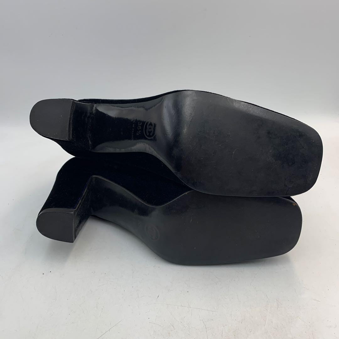 CHANEL Shoes Pumps Heel Cocomark EU 36.5 US 6.5 Velour Black Authentic