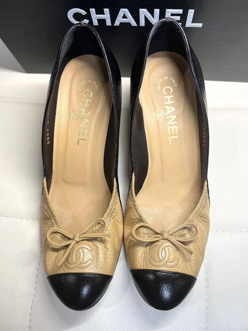 CHANEL Shoes Pumps Heel Cocomark EU 36.5 US 6.5 Beige Black Authentic