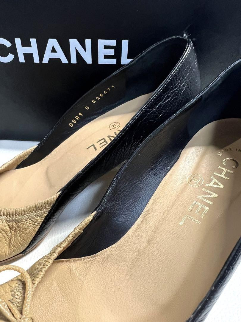 CHANEL Shoes Pumps Heel Cocomark EU 36.5 US 6.5 Beige Black Authentic